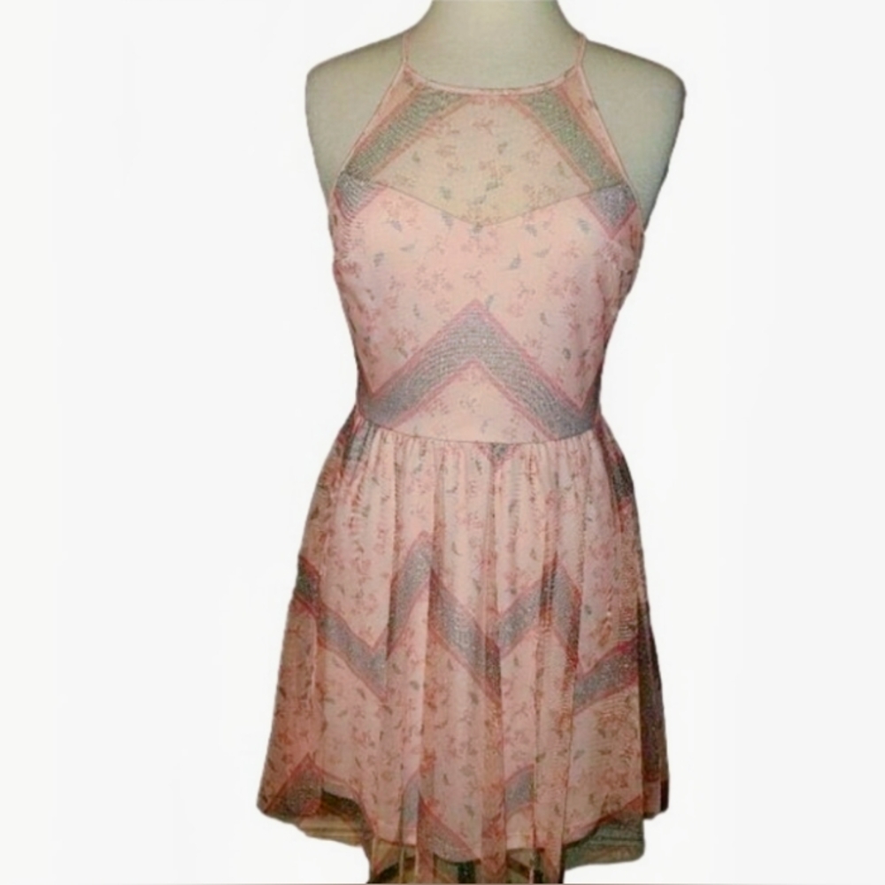 Candies Womens Sheer Floral Chevron Halter Dress Pink/Peach Sz. XL - Picture 3 of 7